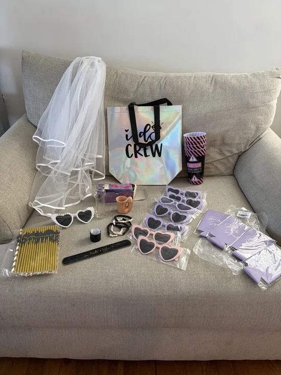 Bride Crew Holographic Tote & White Veil Bridal Accessory Set