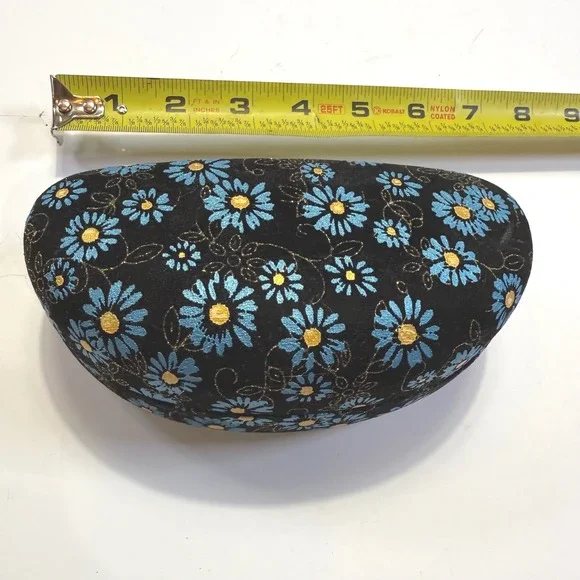 Black Floral Embroidered Daisy Hard Shell Eyeglass Case Blue Yellow Gold Accent
