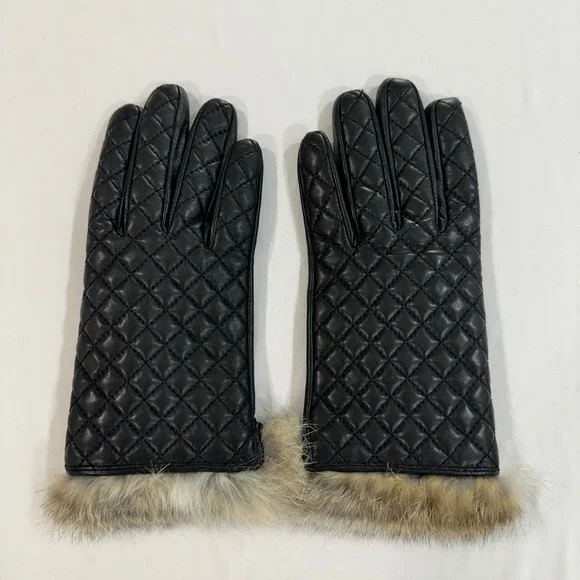 Quilted Leather Gloves Women One Size Black Fur Trim | Mob Wife Chic‎