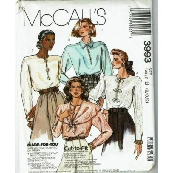 McCalls Sewing‎ Pattern 3993 Misses Blouse Size 8 10 12 VTG
