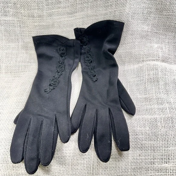 Hansen Black Nylasuede Gloves‎ Lace Inset Size 6.5 Mid Century Vintage