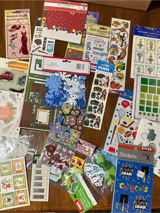 Assorted Party & Scrapbooking Stickers - Blue, White, Green Mix