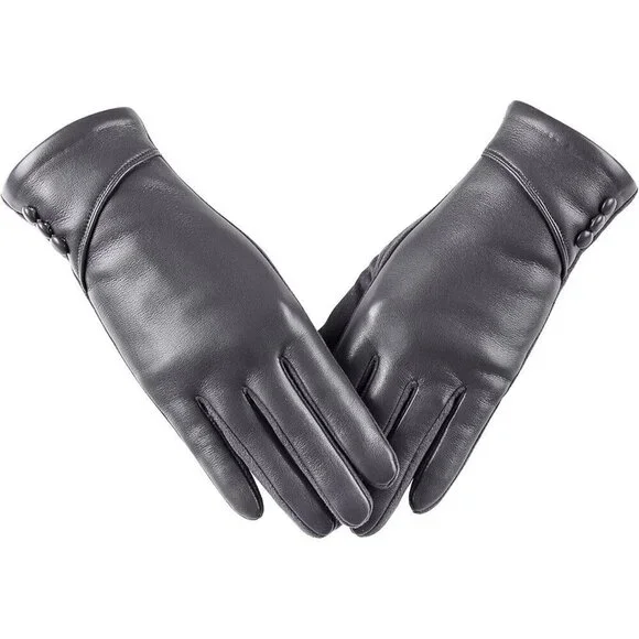Women's Winter Leather Gloves Touch Screen Wool Lined Windproof Warm Suede Grey