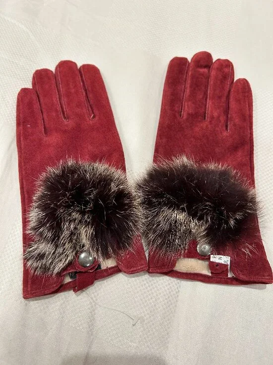 Leather Gloves - Burgundy with Fur