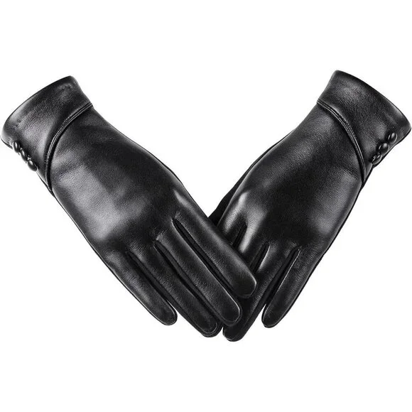 Women's Winter Leather Gloves Touch Screen Wool Lined Windproof Warm Suede Black