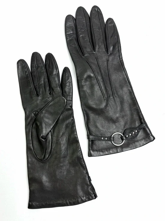 Portolano Black Leather Gloves Silk Lined with O-Ring Stud Details size 7,5