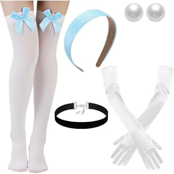 Princess Costume Accessories Set for Women Blue Headband Gloves Socks Jewelry