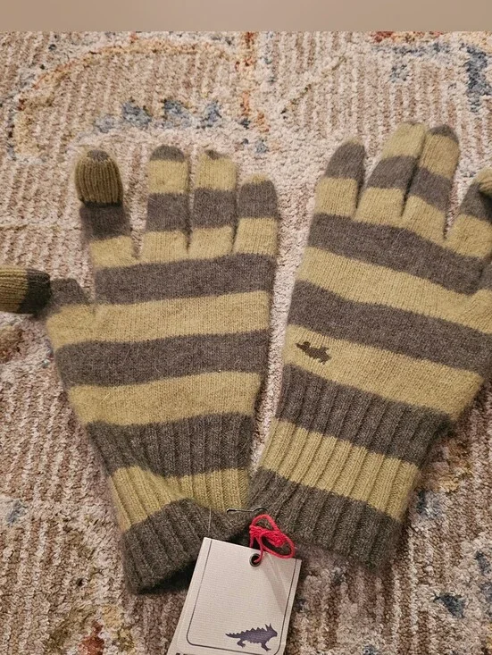 NWT Horny Toad Green Striped Wool Blend Gloves With Removable Tips On Thumb And