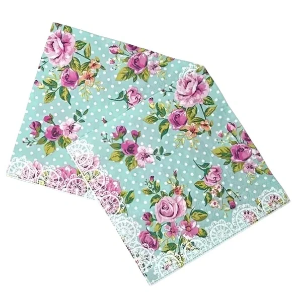 Set of Two (2) Individual Pink Roses & Floral Lace Luncheon Size Napkins