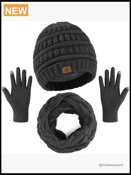Winter Hat Scarf Gloves Set, Fleece Lined Beanie Touchscreen Gloves Thick Scarf
