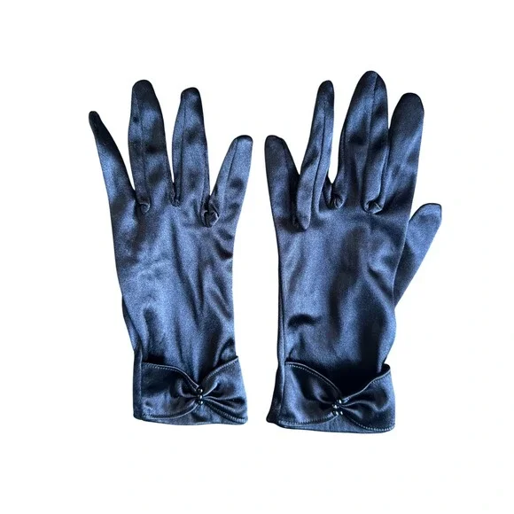 Vintage Black Satin Bow Wrist Length Formal Evening Gloves One Size RN 81088