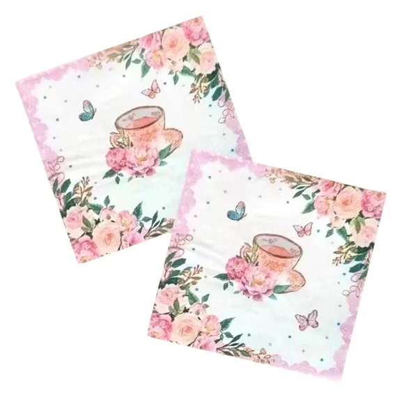 Set of Two (2) INDIVIDUAL Floral Tea Cup Decoupage Paper Luncheon Size Napkins