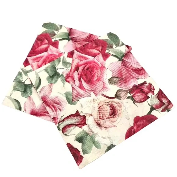 Two (2) Individual Pink and Red Roses Decoupage Luncheon Size Napkins