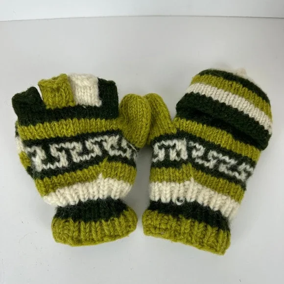 Handmade Wool Convertible Mitten Fingerless Gloves Green Striped Fleece Lined Sm