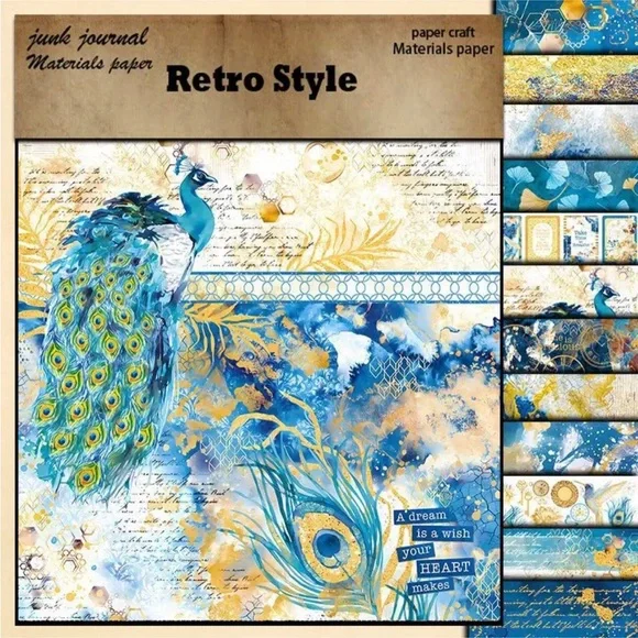 Peacock Retro Indigo Printed DIY Junk Journaling Loose Sheets (12 Sheets)