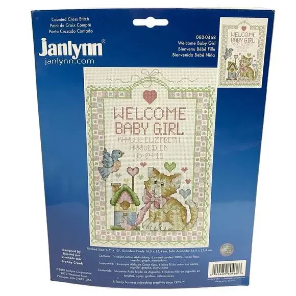 NOS 2010 Janlynn Welcome Baby Girl Kitty Sealed Cross Stitch Kit - 6.5” x10”