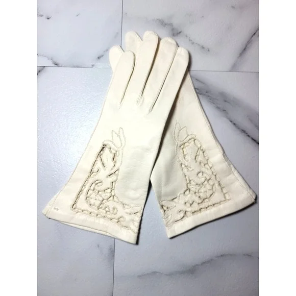 VTG Capretto Lavabile Ivory Cutout Leather Gloves Above Wrist Special Event Sz 7