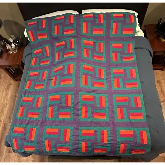 Handmade Quilt 80” X 65”‎ Red Orange Green Purple
