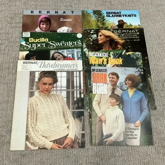 Lot 7 Vintage Knitting Crochet Pattern Books Womens Mens Bernat Bucilla Patons