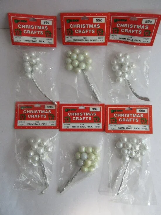 Christmas Craft 16mm Ball Picks (12) Pearl White Rag Shop 6 Pkgs NOS Vintage
