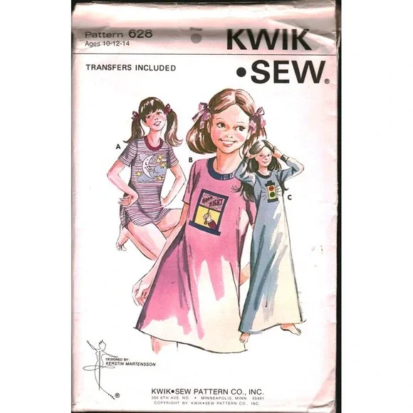 Vintage Kwik Sew 628 Girls Nightshirt Panties Sewing Pattern Transfers Sz 10-14