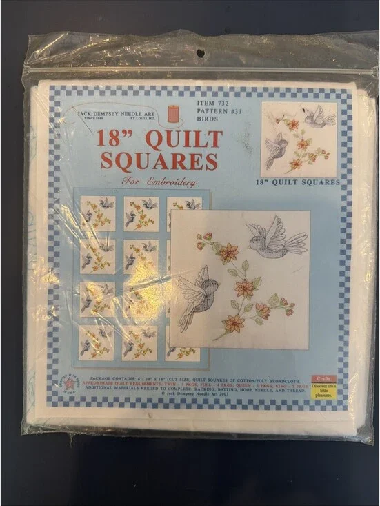 New Jack Dempsey 18” Quilt Squares Birds Pattern #31 New
