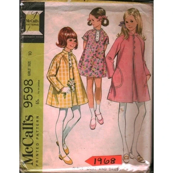 9598 Vintage 1968 McCalls Girls Coat and Dress Sewing Pattern Size 10 CUT  Retro