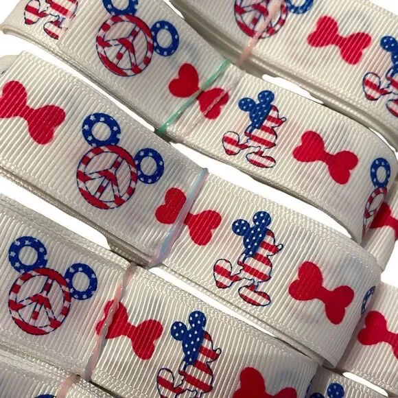 Grosgrain printed Ribbon 7/8” NEW 5 yards Mickey Mouse patriotic USA peace sign