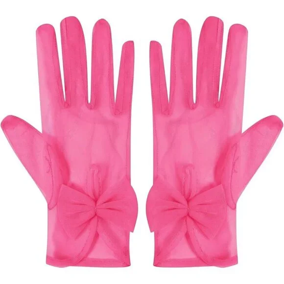 Women's Bow Pink Evening Sheer Tulle Short Length Gloves Wrist Tea Party Prom