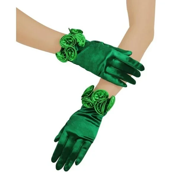 Women's Green Elegant Floral Satin Short Gloves Wedding Dress Party Accessories