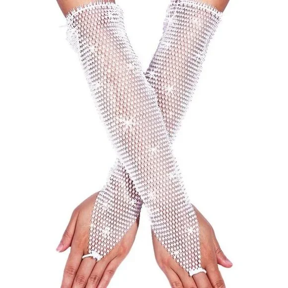 Women's Rhinestone Long Arm Rave Sleeves Fingerless Gloves White Fishnet