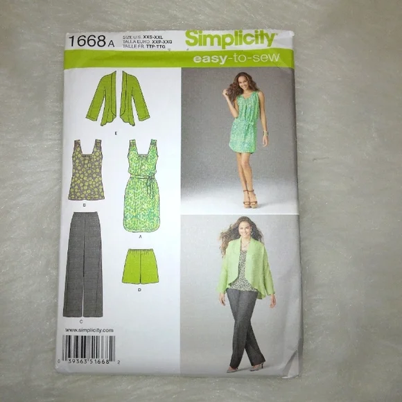 SIMPLICITY 1668 Sz XXS-XXL Easy-to-sew Jacket Dress Top Pants Shorts