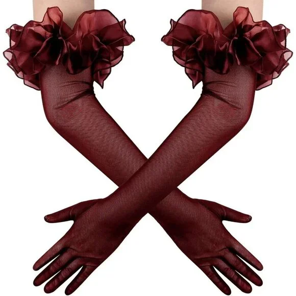 Women's Long Burgundy Ruffle Puff Cuff Sleeve Mesh Gloves Wedding Party Costume