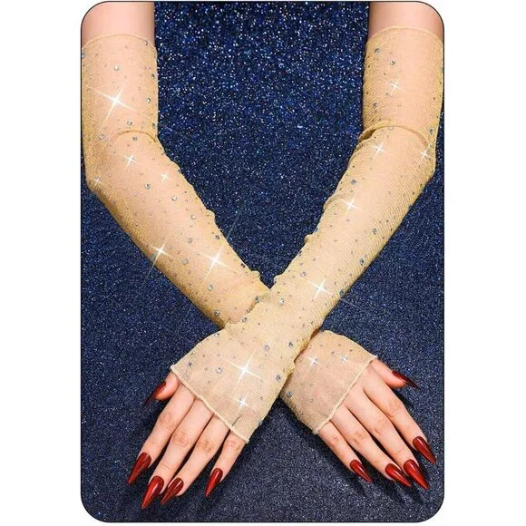 Women's Sparkly Rhinestone Gold Long Sleeves Fingerless Elbow Length Gloves