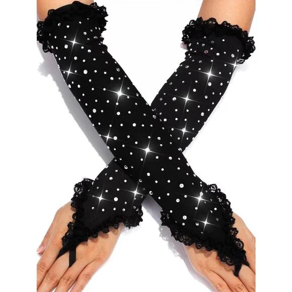 Women's Dazzling Rhinestone Fabric Fingerless Black Formal Long Gloves Style