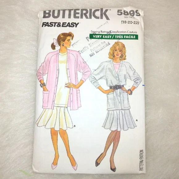Butterick 5899 EASY Cardigan, Top Skirt Size 18-20-22. Fast & Easy