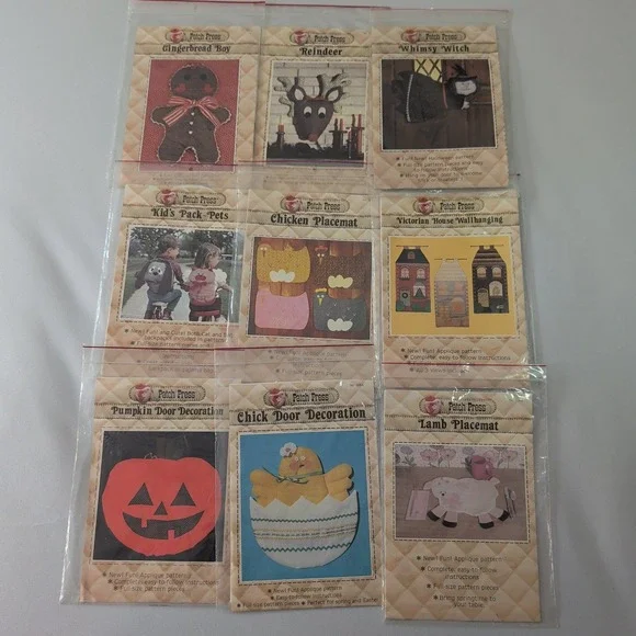 Lot 9 Patch Press Applique Sewing Pattern 7 Cut Holiday Decor Gingerbread Witch
