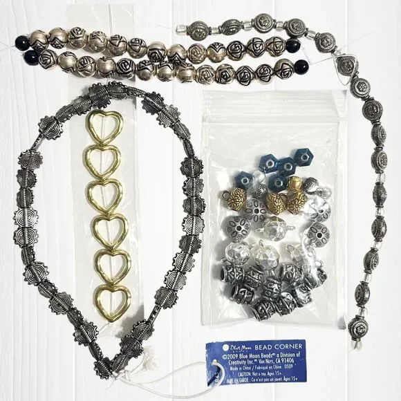 LOT Metallic Beads Jewelry Making Silver Tone Goldtone Mix Hearts Spacers Crafts