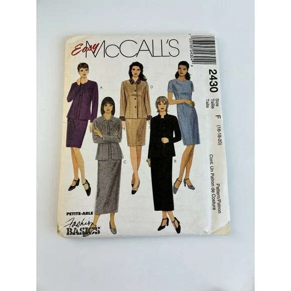Sheath Dress Jacket Mandarin Collar Uncut Pattern 2430 Size 16-20 Vtg 90s Y2K