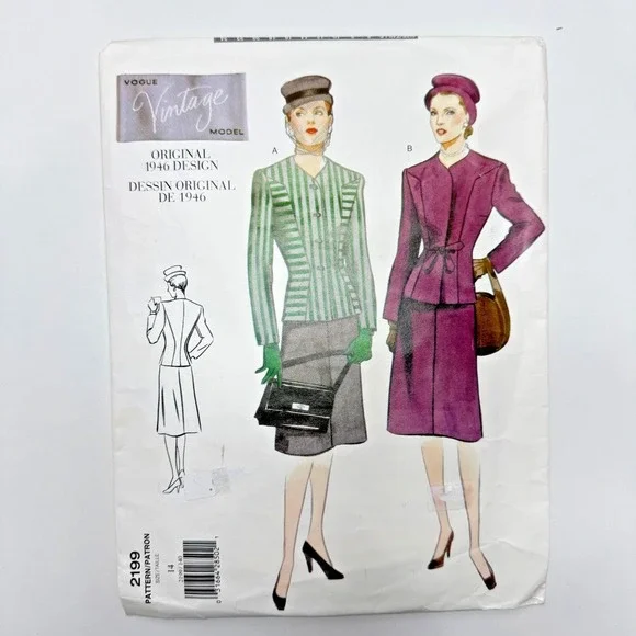 VOGUE 2199‎ Vintage Model Uncut Pattern 1946 Design Suit Jacket Blazer Skirt 14