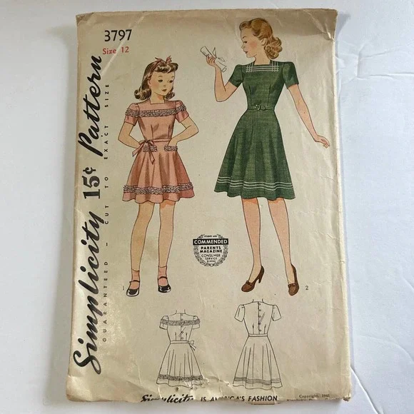 Simplicity Primer Vintage 1940's Pattern #3797 Young Girls‎ Dress Size 12 HTF
