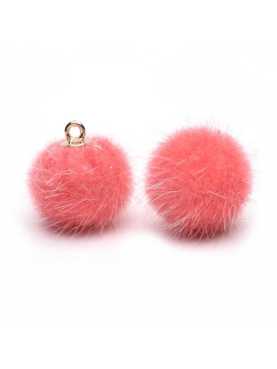 Handcrafted Salmon Pink Vegan Faux Mink Fur Fuzzy Ball Pendants Charms 10 pcs
