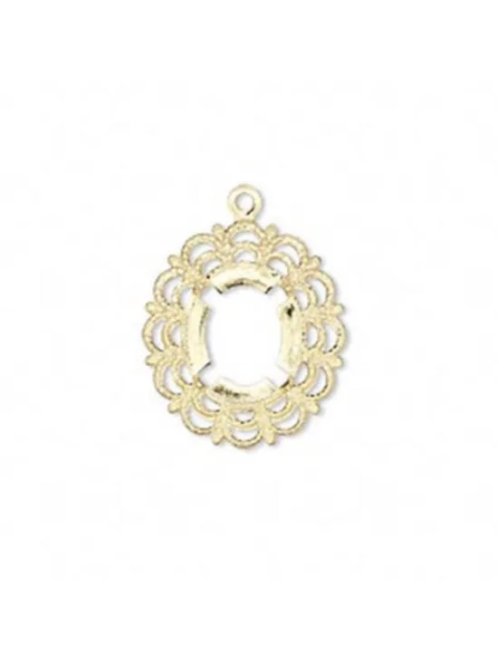 2 Gold Plated 4-Prong Filigree Pendant Settings for 12x10mm Oval Cabochons