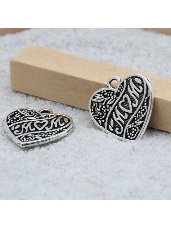 Antique Silver Plated Art Nouveau Mom Heart Charms Pendants 2 pcs