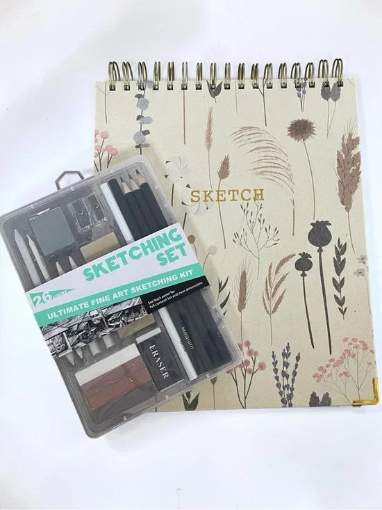 Ultimate Fine Art Sketching Set + 80-Sheet 9x11 Sketch Pad | Floral Cover NEW