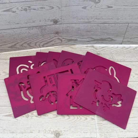 Vintage 1993 Binney & Smith Pink Plastic Stencils Set of 9‎ Animals Vehicles 90s