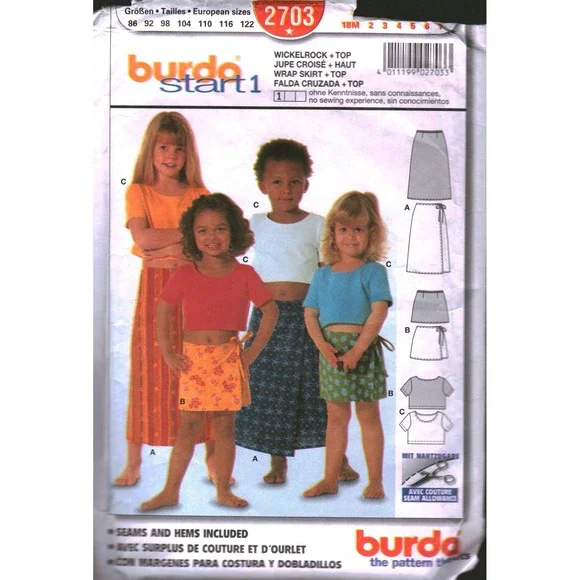 Burda Start 1‎ Sewing Pattern 2703 Girls Wrap Skirt and Crop Top Size 18M-7