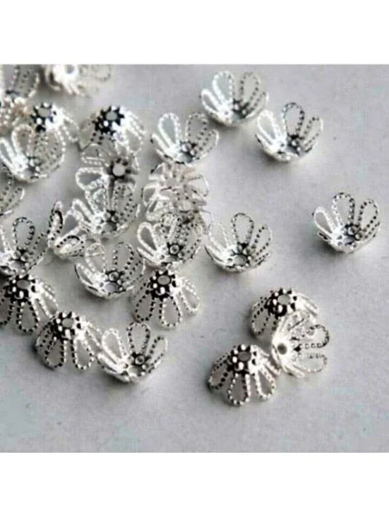 100 Silver Plated Brass Bead Caps Lacy 7mm Filigree Bendable Dotted Flower Bulk