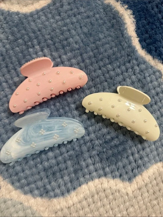 Pearl-Embellished Kids Hair Claw Clip - Pink, Cream & Light Blue