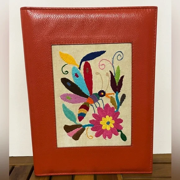 Leather Dragonfly Floral Embroidered Folder OOAK Mexico Vintage KOOK Artesanos